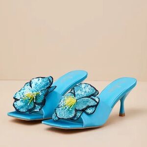 Lumena Turquoise Satin Flower High Heel Slide Sandals